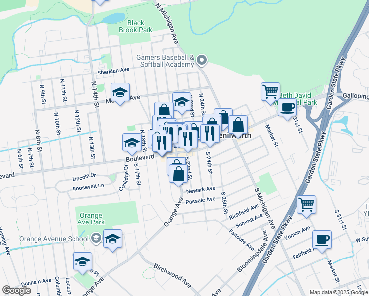 map of restaurants, bars, coffee shops, grocery stores, and more near in Kenilworth