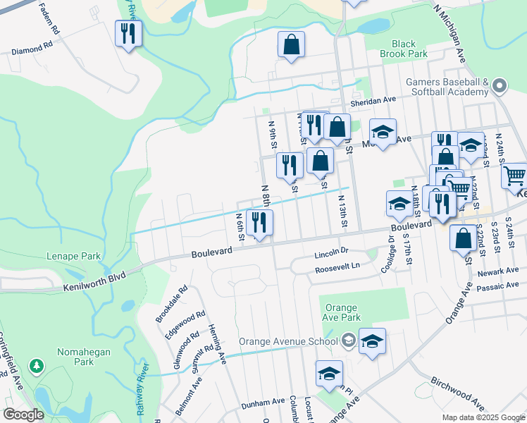 map of restaurants, bars, coffee shops, grocery stores, and more near 53 North 7th Street in Kenilworth