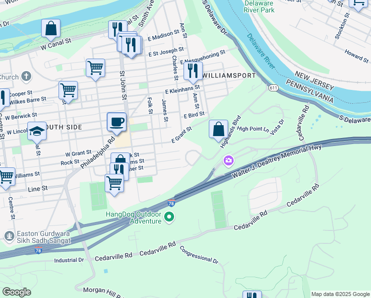 map of restaurants, bars, coffee shops, grocery stores, and more near 216 East Grant Street in Easton