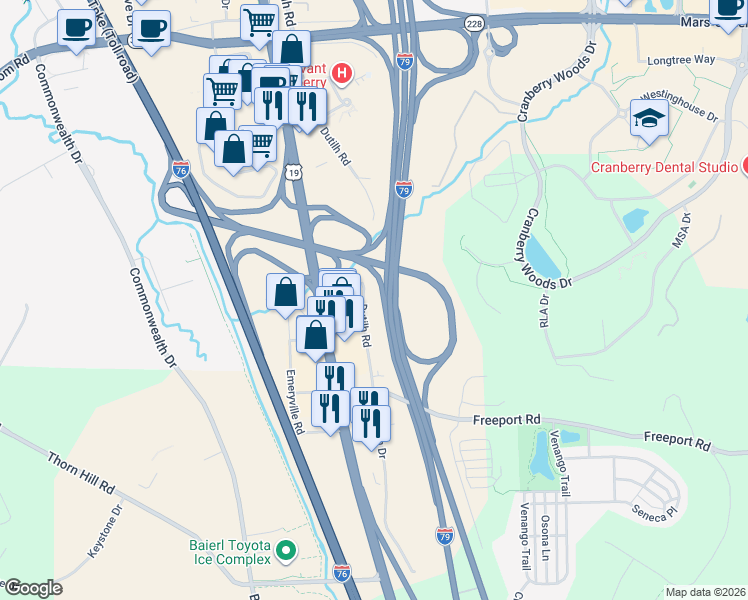 map of restaurants, bars, coffee shops, grocery stores, and more near 1205 Dutilh Road in Cranberry Township