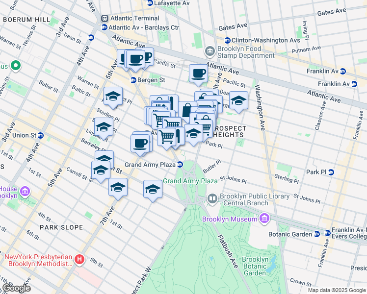 map of restaurants, bars, coffee shops, grocery stores, and more near 210 Park Place in Brooklyn