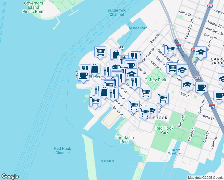 map of restaurants, bars, coffee shops, grocery stores, and more near 129 Dikeman Street in Brooklyn