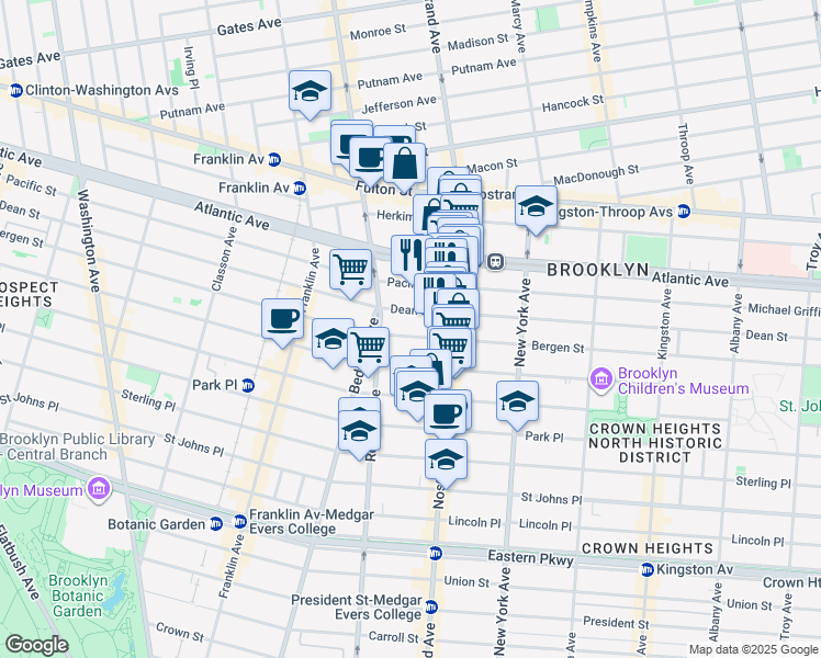 map of restaurants, bars, coffee shops, grocery stores, and more near 1055 Bergen Street in Brooklyn