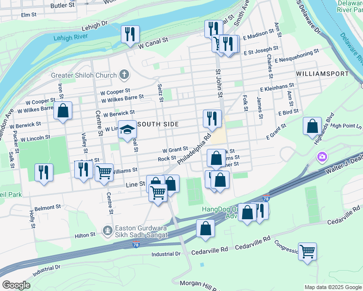 map of restaurants, bars, coffee shops, grocery stores, and more near 347 West Grant Street in Easton