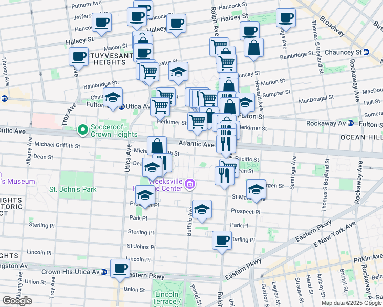 map of restaurants, bars, coffee shops, grocery stores, and more near 96 Buffalo Avenue in Brooklyn