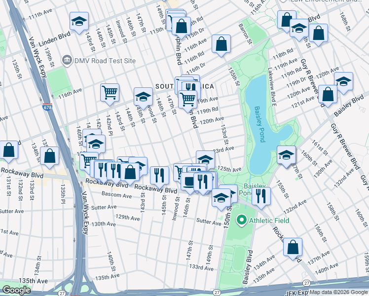 map of restaurants, bars, coffee shops, grocery stores, and more near 120-32 147th Street in Queens