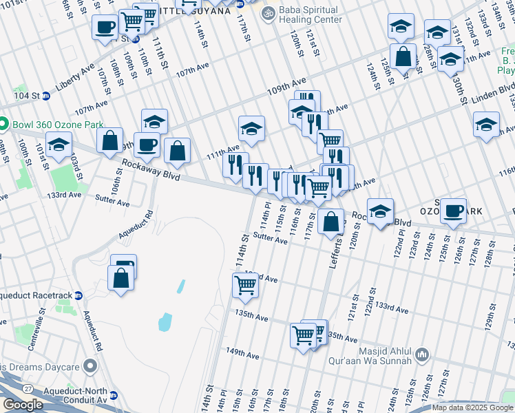 map of restaurants, bars, coffee shops, grocery stores, and more near 114-37 114th Street in Queens