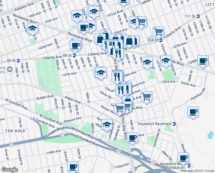 map of restaurants, bars, coffee shops, grocery stores, and more near 107-61 92nd Street in Queens
