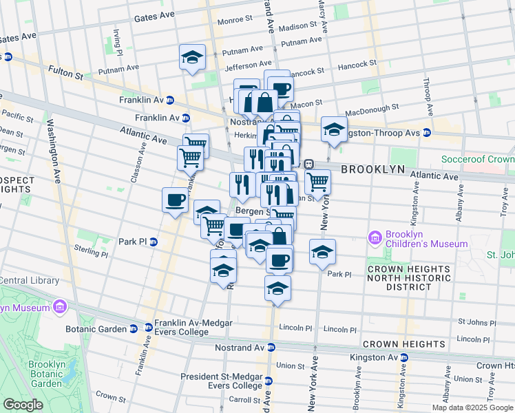 map of restaurants, bars, coffee shops, grocery stores, and more near 1057 Bergen Street in Brooklyn