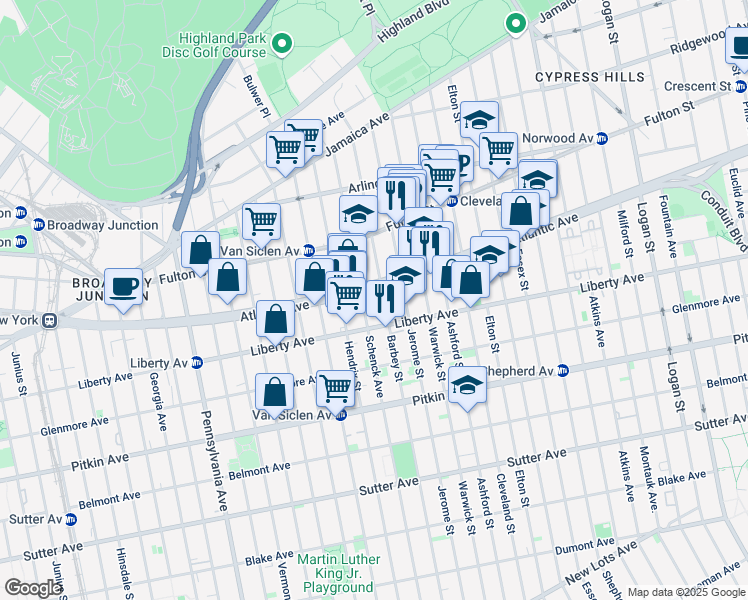 map of restaurants, bars, coffee shops, grocery stores, and more near 2863 Atlantic Avenue in Brooklyn