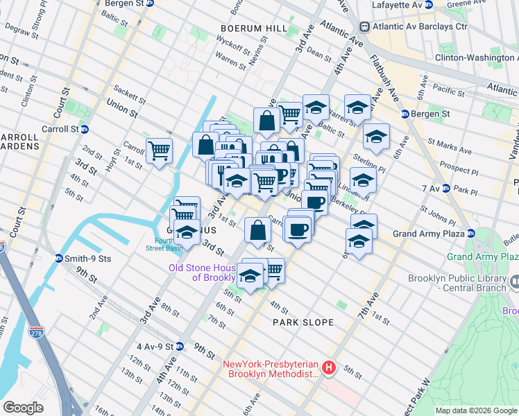 map of restaurants, bars, coffee shops, grocery stores, and more near 564 President Street in Brooklyn