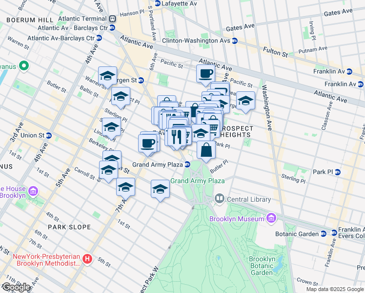 map of restaurants, bars, coffee shops, grocery stores, and more near 210 Park Place in Brooklyn