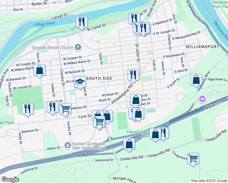 map of restaurants, bars, coffee shops, grocery stores, and more near 347 West Grant Street in Easton