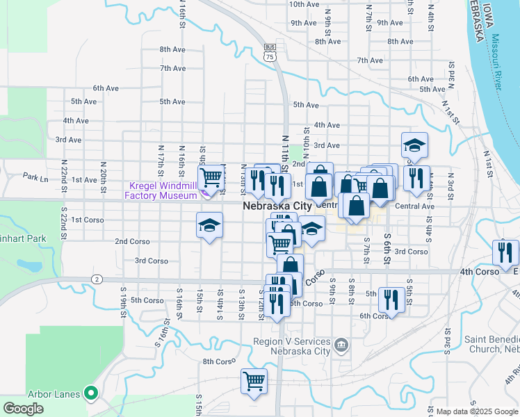 map of restaurants, bars, coffee shops, grocery stores, and more near 101-149 North 12th Street in Nebraska City