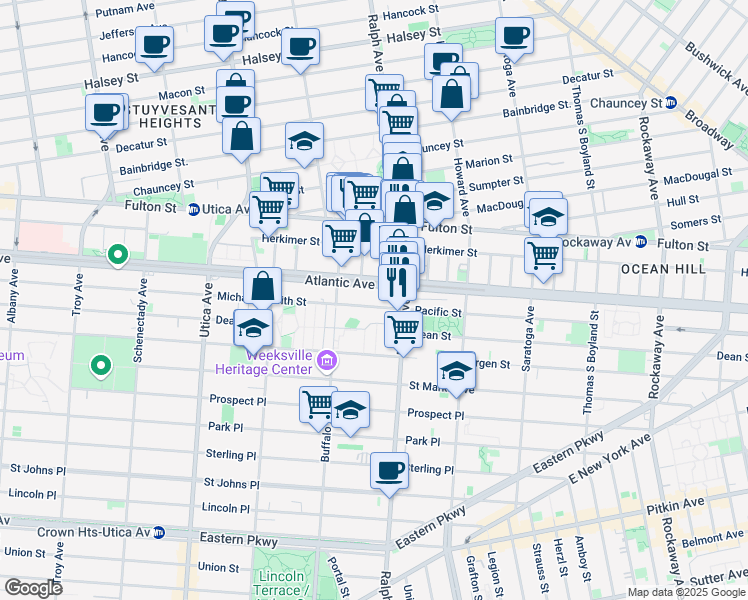 map of restaurants, bars, coffee shops, grocery stores, and more near 30 Columbus Place in Brooklyn