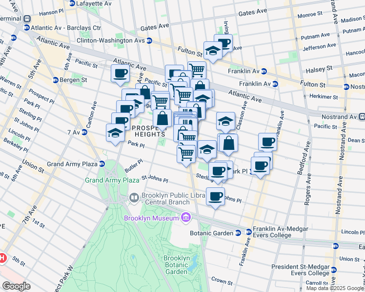 map of restaurants, bars, coffee shops, grocery stores, and more near 677 Washington Avenue in Brooklyn