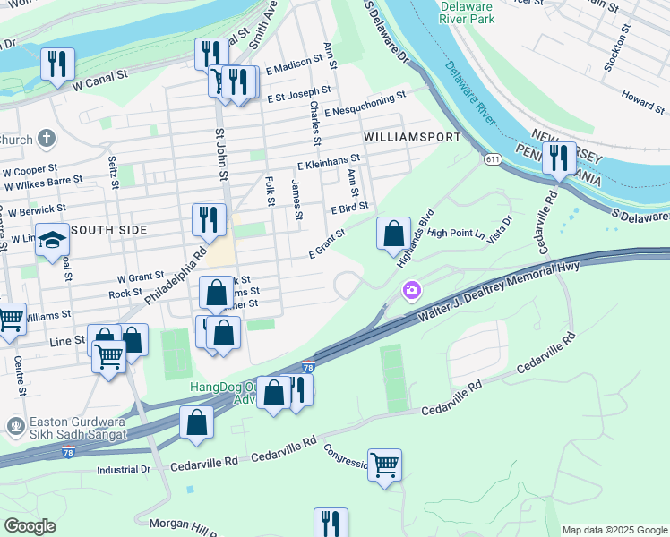 map of restaurants, bars, coffee shops, grocery stores, and more near 216 East Grant Street in Easton