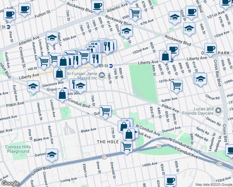 map of restaurants, bars, coffee shops, grocery stores, and more near 78-14 Pitkin Avenue in Queens