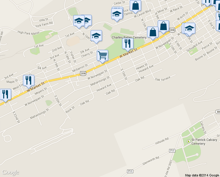 map of restaurants, bars, coffee shops, grocery stores, and more near 1621 Howard Avenue in Pottsville