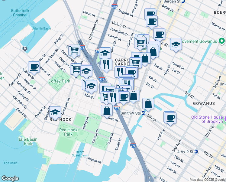 map of restaurants, bars, coffee shops, grocery stores, and more near Hamilton Avenue in Brooklyn