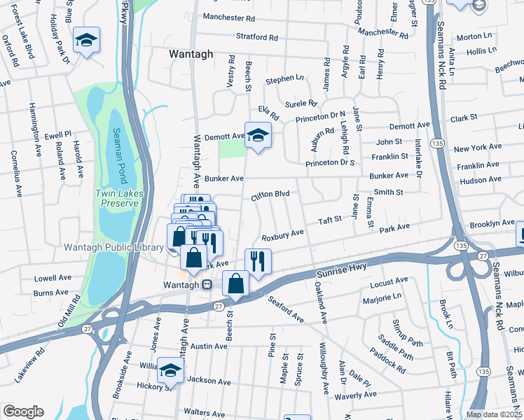 map of restaurants, bars, coffee shops, grocery stores, and more near 1827 Plymouth Road in Wantagh