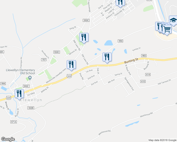 map of restaurants, bars, coffee shops, grocery stores, and more near 1620 1st Avenue in Pottsville