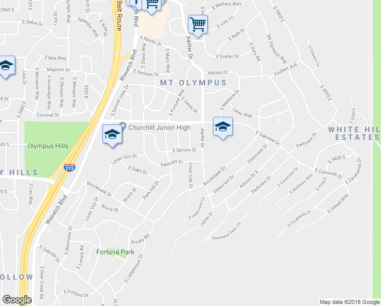 map of restaurants, bars, coffee shops, grocery stores, and more near 3670 East Spruce Drive in Salt Lake City