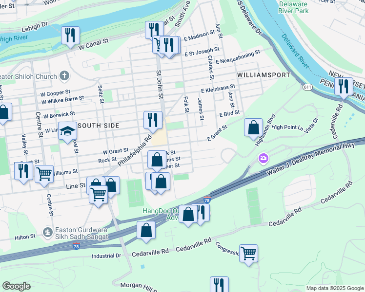 map of restaurants, bars, coffee shops, grocery stores, and more near 113 West Grant Street in Easton