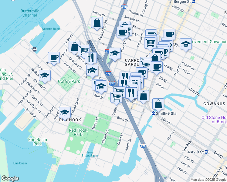 map of restaurants, bars, coffee shops, grocery stores, and more near 284 Hamilton Avenue in Brooklyn