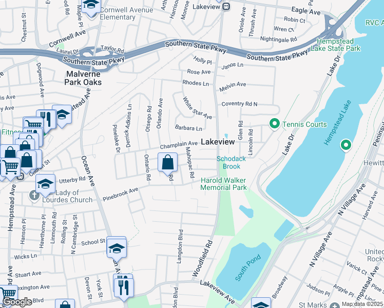 map of restaurants, bars, coffee shops, grocery stores, and more near 189 Mahopac Road in West Hempstead
