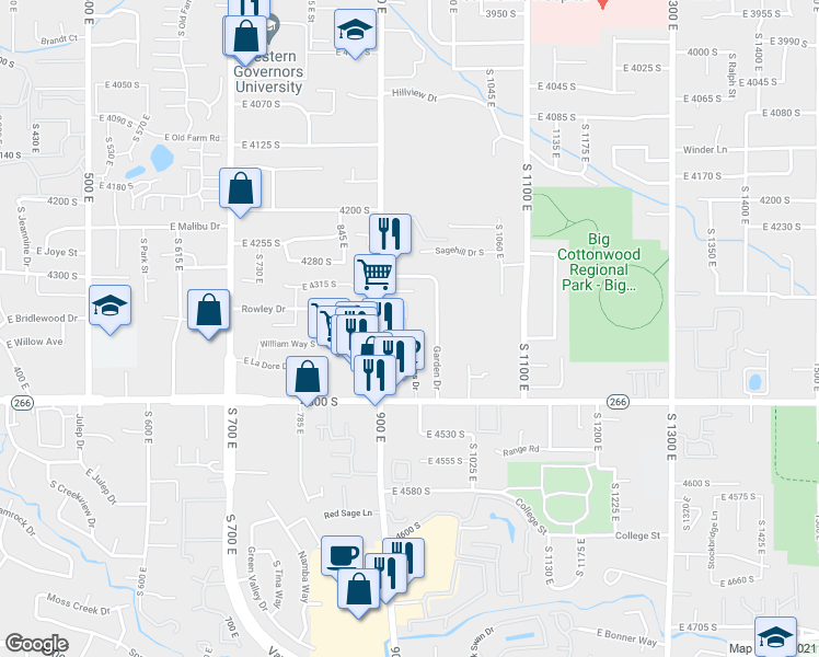 map of restaurants, bars, coffee shops, grocery stores, and more near 4365 Rose Garden Lane in Millcreek