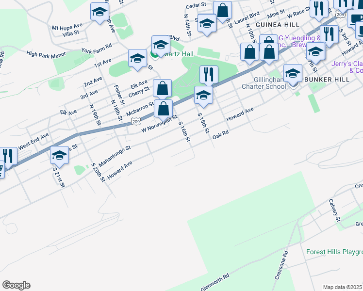 map of restaurants, bars, coffee shops, grocery stores, and more near 1621 Howard Avenue in Pottsville