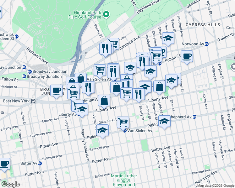 map of restaurants, bars, coffee shops, grocery stores, and more near Atlantic Avenue & Van Siclen Avenue in Brooklyn