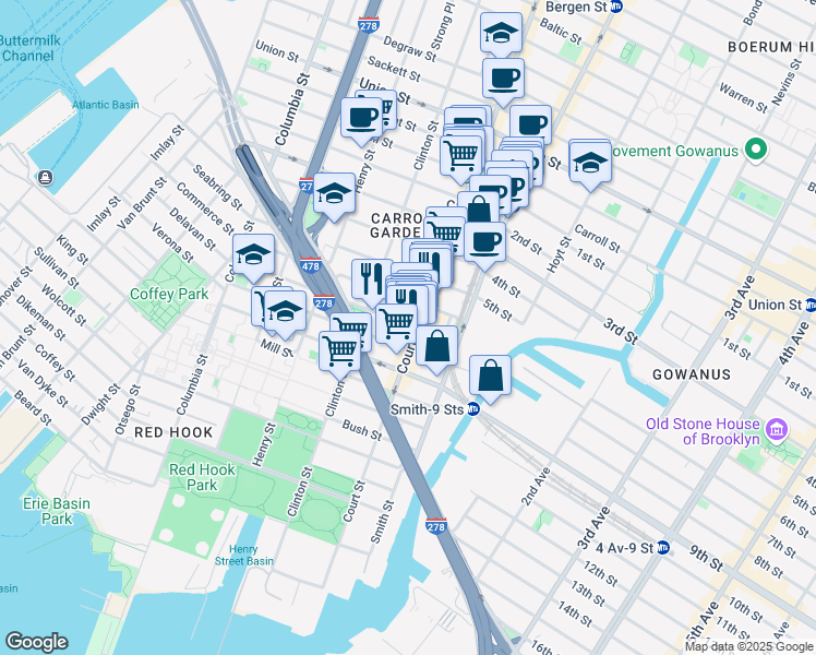 map of restaurants, bars, coffee shops, grocery stores, and more near 508 Court Street in Brooklyn