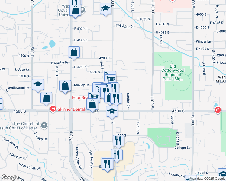map of restaurants, bars, coffee shops, grocery stores, and more near 4351-4353 900 East in Millcreek