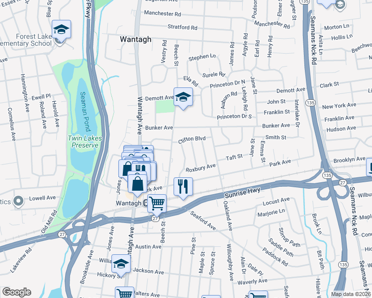 map of restaurants, bars, coffee shops, grocery stores, and more near 1827 Plymouth Road in Wantagh