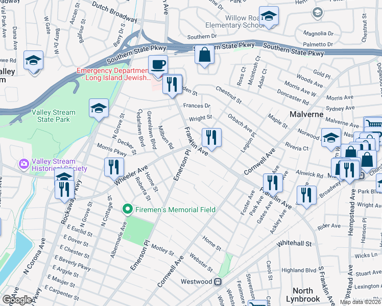 map of restaurants, bars, coffee shops, grocery stores, and more near in Valley Stream