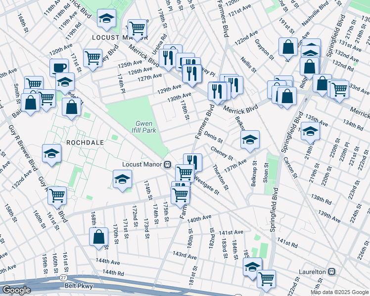 map of restaurants, bars, coffee shops, grocery stores, and more near 176-44 133rd Avenue in Queens