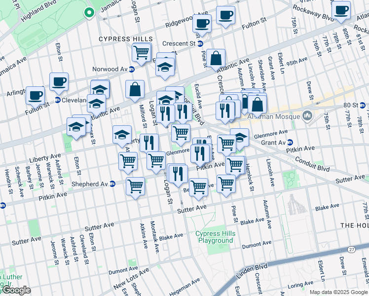 map of restaurants, bars, coffee shops, grocery stores, and more near 74 Crystal Street in Brooklyn