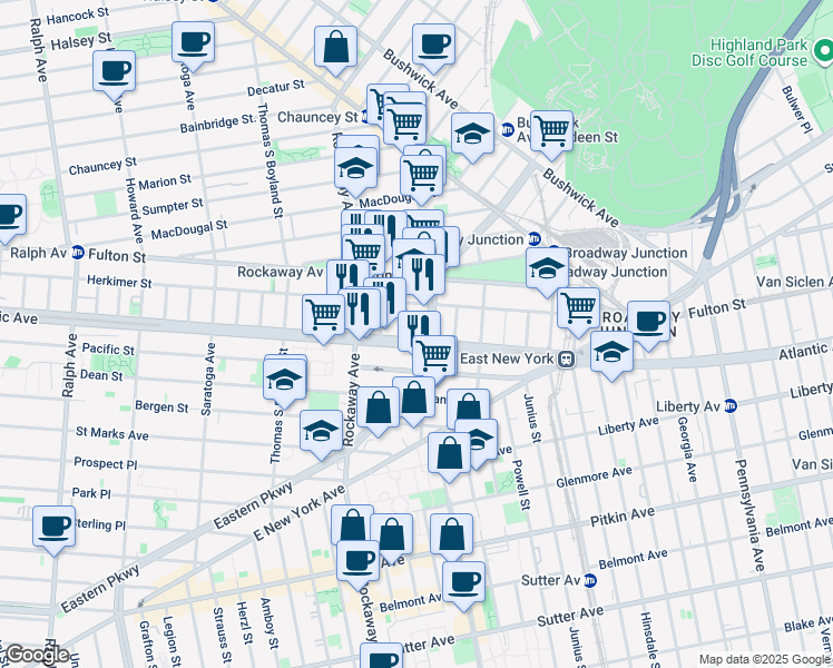 map of restaurants, bars, coffee shops, grocery stores, and more near 1892 Eastern Parkway in Brooklyn