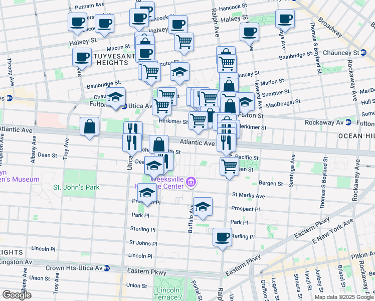 map of restaurants, bars, coffee shops, grocery stores, and more near 1908 Atlantic Avenue in Brooklyn