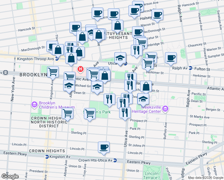 map of restaurants, bars, coffee shops, grocery stores, and more near 1720 Atlantic Avenue in Brooklyn