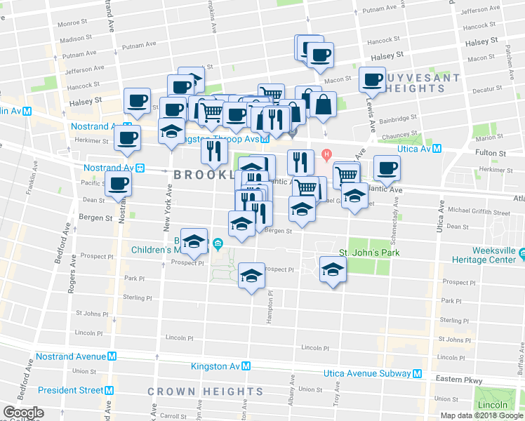 map of restaurants, bars, coffee shops, grocery stores, and more near 1474 Pacific Street in Brooklyn