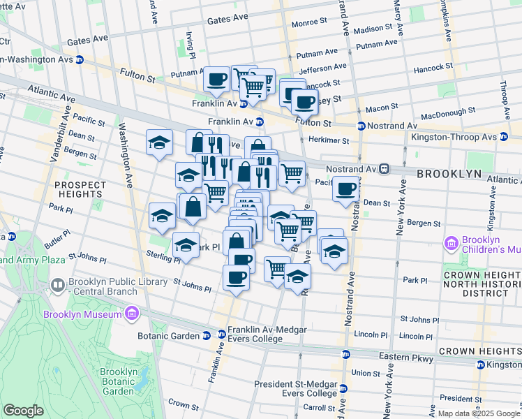 map of restaurants, bars, coffee shops, grocery stores, and more near 614 Franklin Avenue in Brooklyn