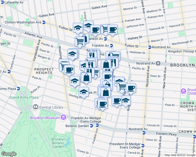 map of restaurants, bars, coffee shops, grocery stores, and more near 904 Bergen Street in Brooklyn