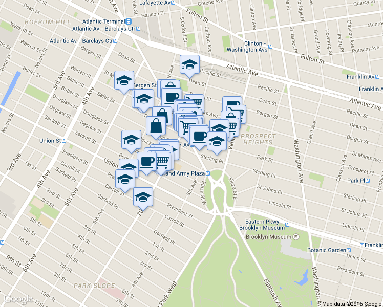 map of restaurants, bars, coffee shops, grocery stores, and more near 7th Avenue in Brooklyn