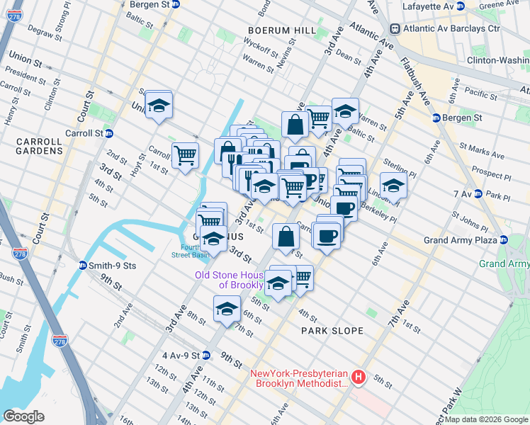 map of restaurants, bars, coffee shops, grocery stores, and more near 276 3rd Avenue in Brooklyn