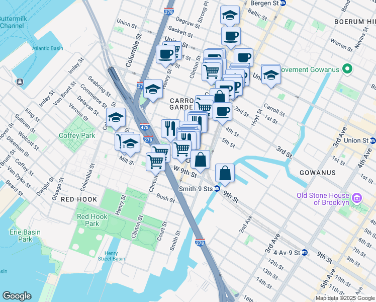 map of restaurants, bars, coffee shops, grocery stores, and more near 498 Court Street in Brooklyn