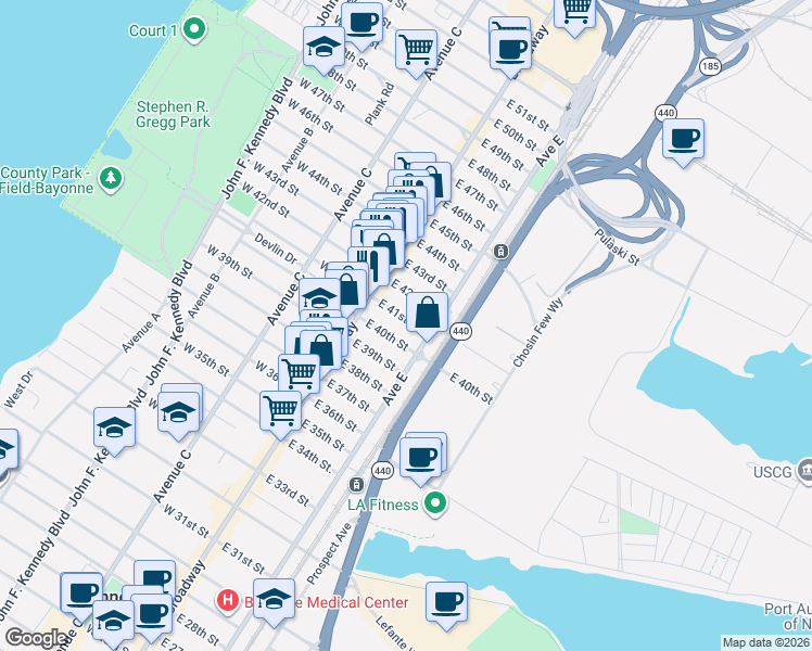 map of restaurants, bars, coffee shops, grocery stores, and more near 23 East 41st Street in Bayonne