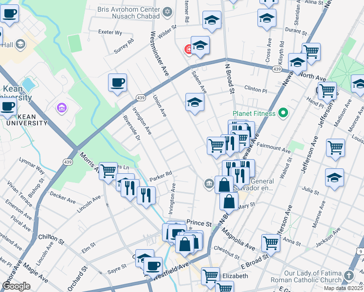 map of restaurants, bars, coffee shops, grocery stores, and more near 625 Union Avenue in Elizabeth